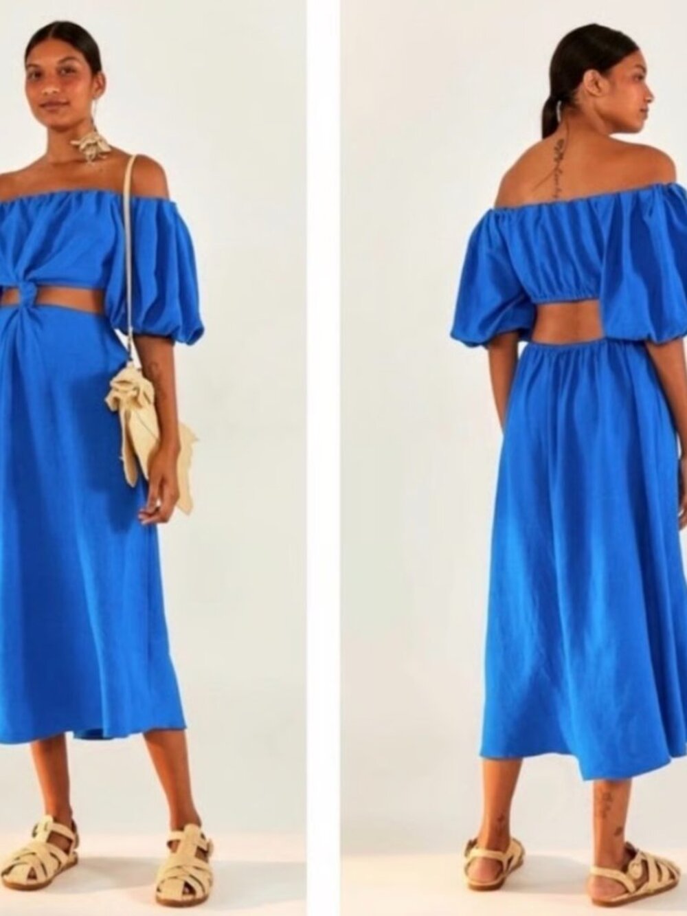 NWT Farm Rio Blue Off the Shoulder Middle Cut out Linen Maxi Dress Size XS